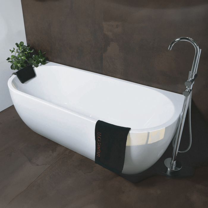 Luca Sanitair Primo back to wall rond ligbad inclusief afvoerset chroom - 180 x 80 x 58 cm - Glanzend wit - LUPA1787